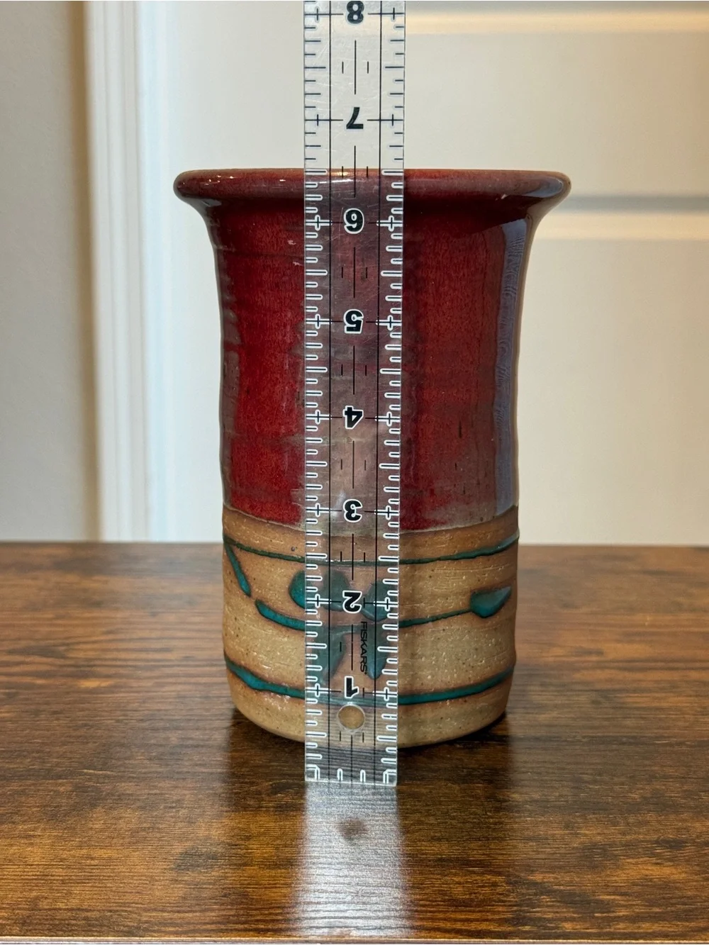 Vintage Signed Lowe Studio Pottery Vase Crock | Oxblood Red & Teal Stoneware